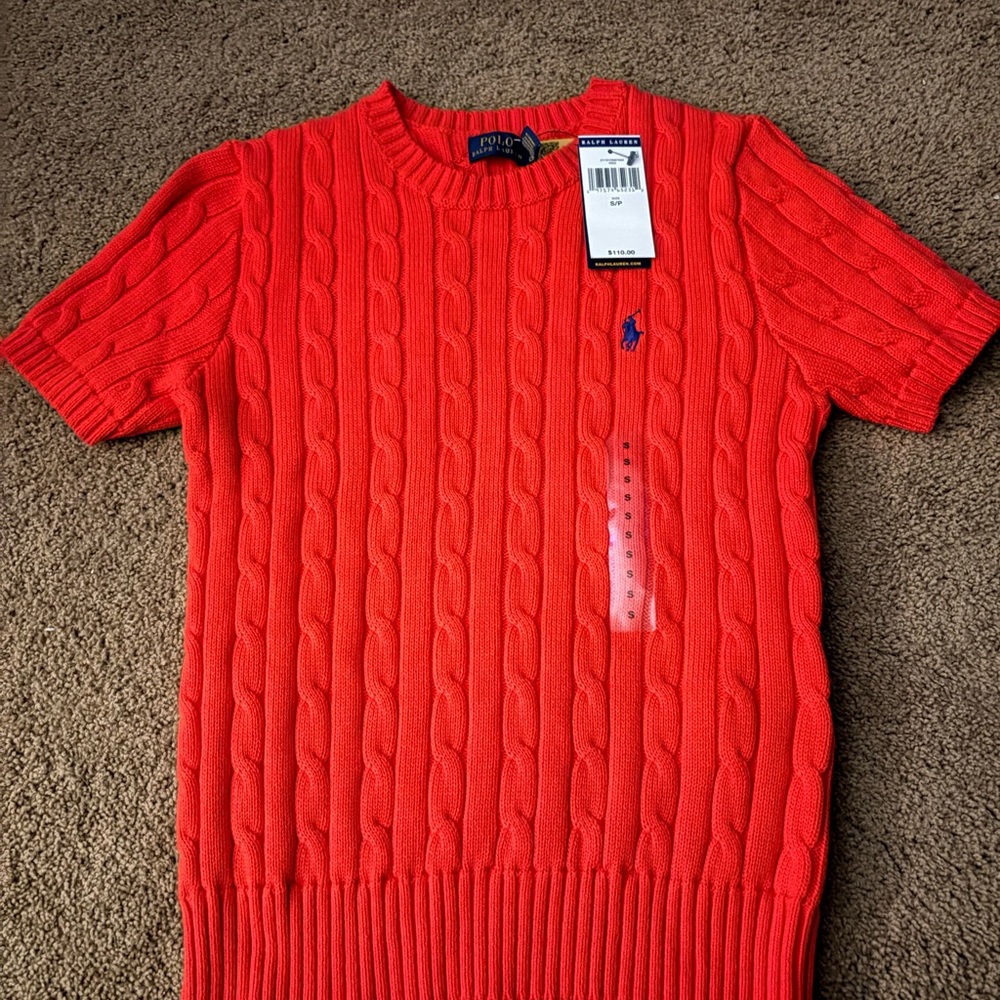 Polo Ralph Lauren Bright Red Cable-Knit Crewneck Sweater shirt sleeves.